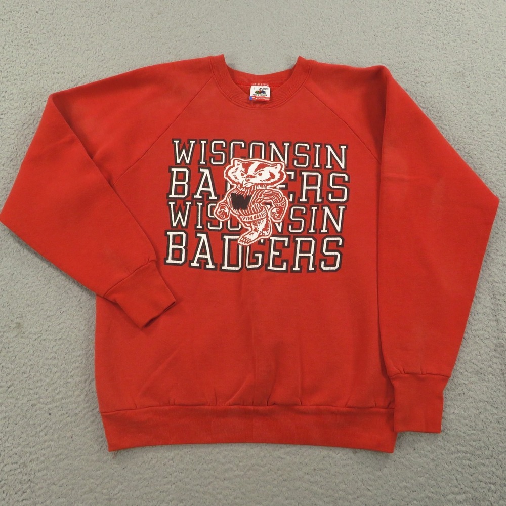 VTG Wisconsin Badgers Sweatshirt Mens Large 90s Fruit of the Loom Red Crewneck